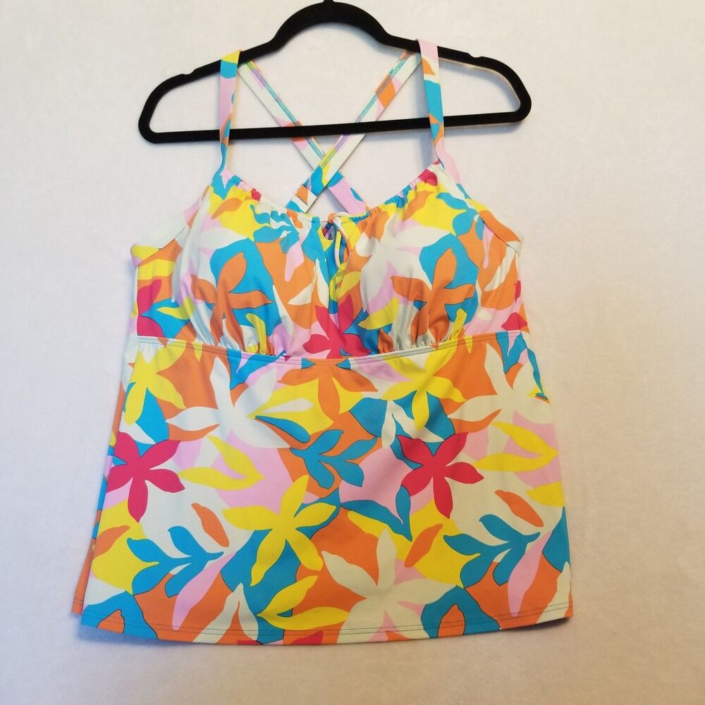 Lands’ End 18W Tankini Top Padded Shelf Bra Floral Flower Power Boho Beach